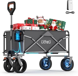 Litheli Electric Collapsible Wagon Cart with Brakes, 100L Grocery Cart with Wheels,Easy to Carry Folding Wagon for Camping, Gardening, Shopping(Grey with 1 Battery)