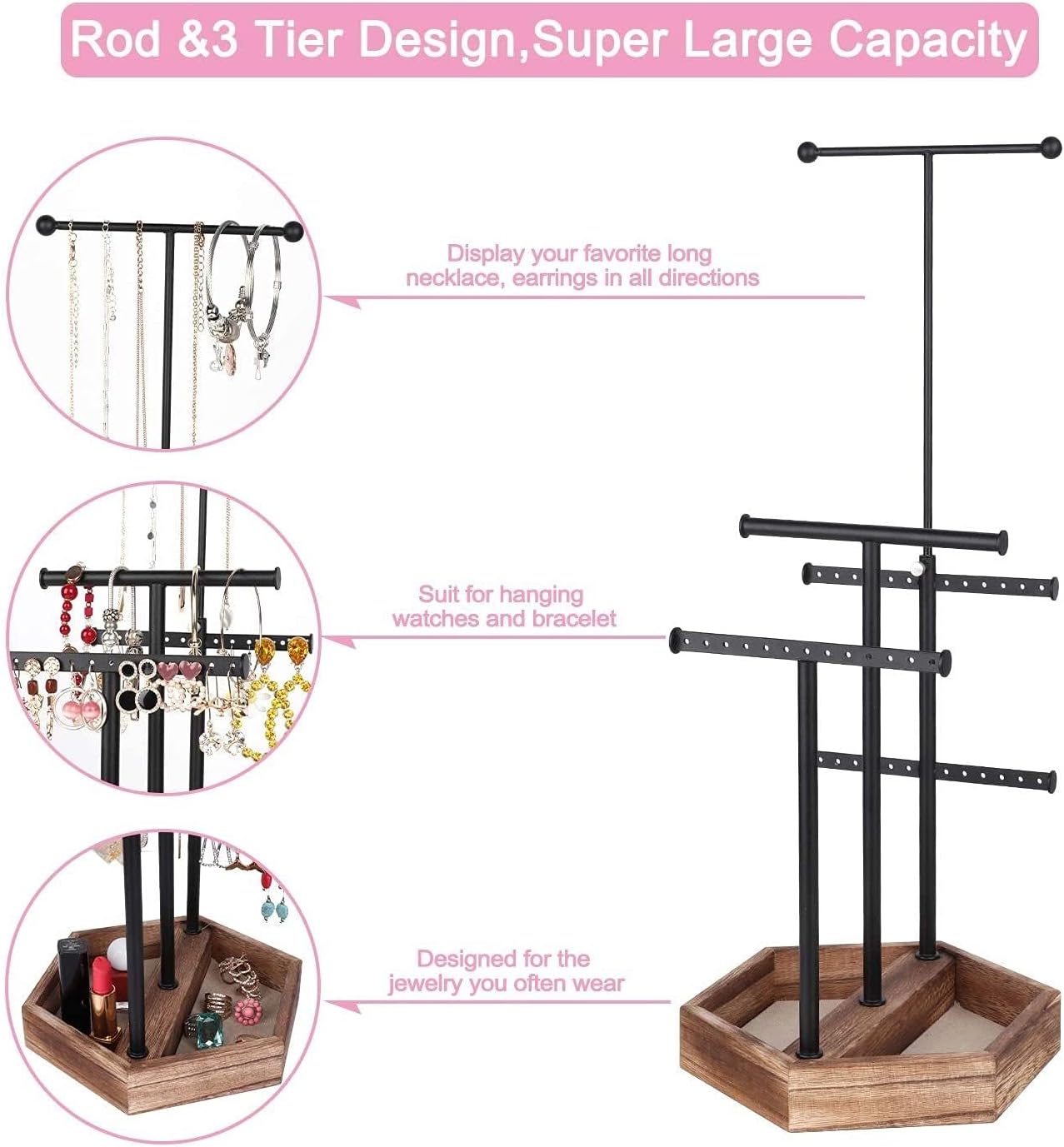Jewelry storage rack Jewelry Organizer Stand Metal Wood Basic Hexagonal base Storage Box Triple Rods-5 Tier Jewelry Stand for Necklaces Bracelet Earrings Ring Display Jewelry storage box