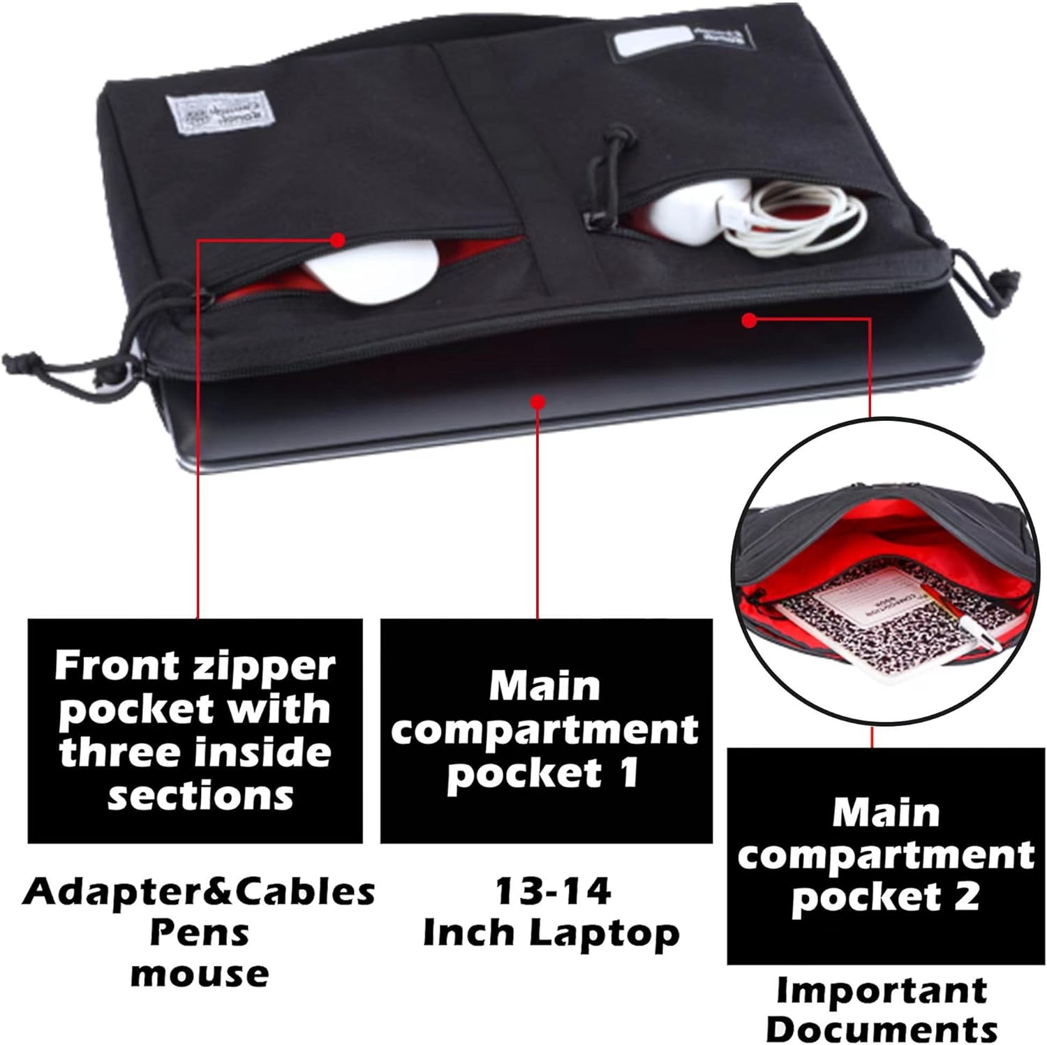 Rough Enough 13 14 Inch Laptop Sleeve Bag Tablet Carrying Case Briefcase for Travel Business with Zipper Pockets Heavy Duty Fabric Cordura Black