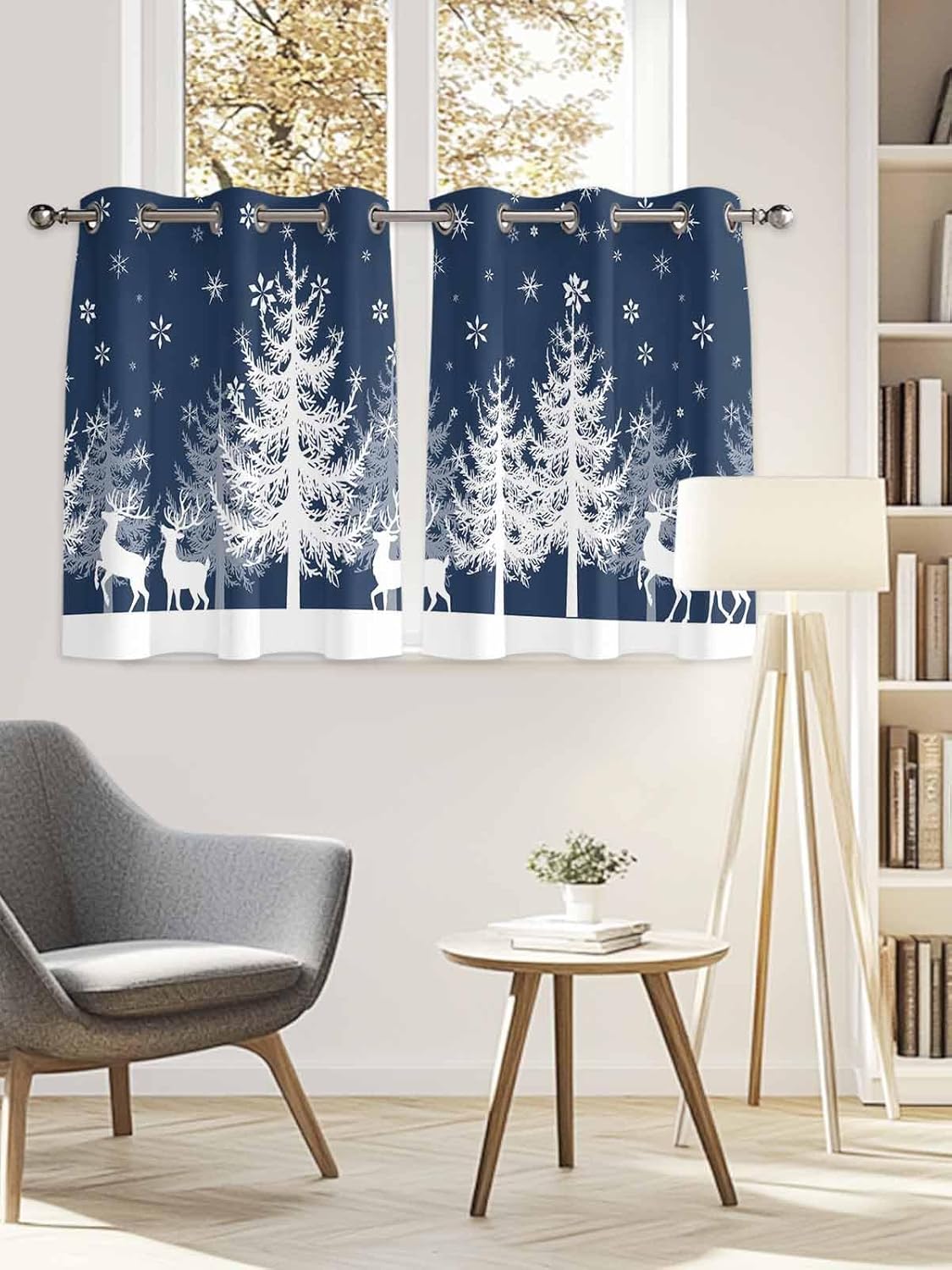 Grommet Top Window Curtains, Christmas Winter Snowflake Tree Elk Blue Durable Light Blocking Windows Drapes for Kitchen/Bedroom/Living Room, Window Treatments Curtain Set of 2 Panels 52x54 In
