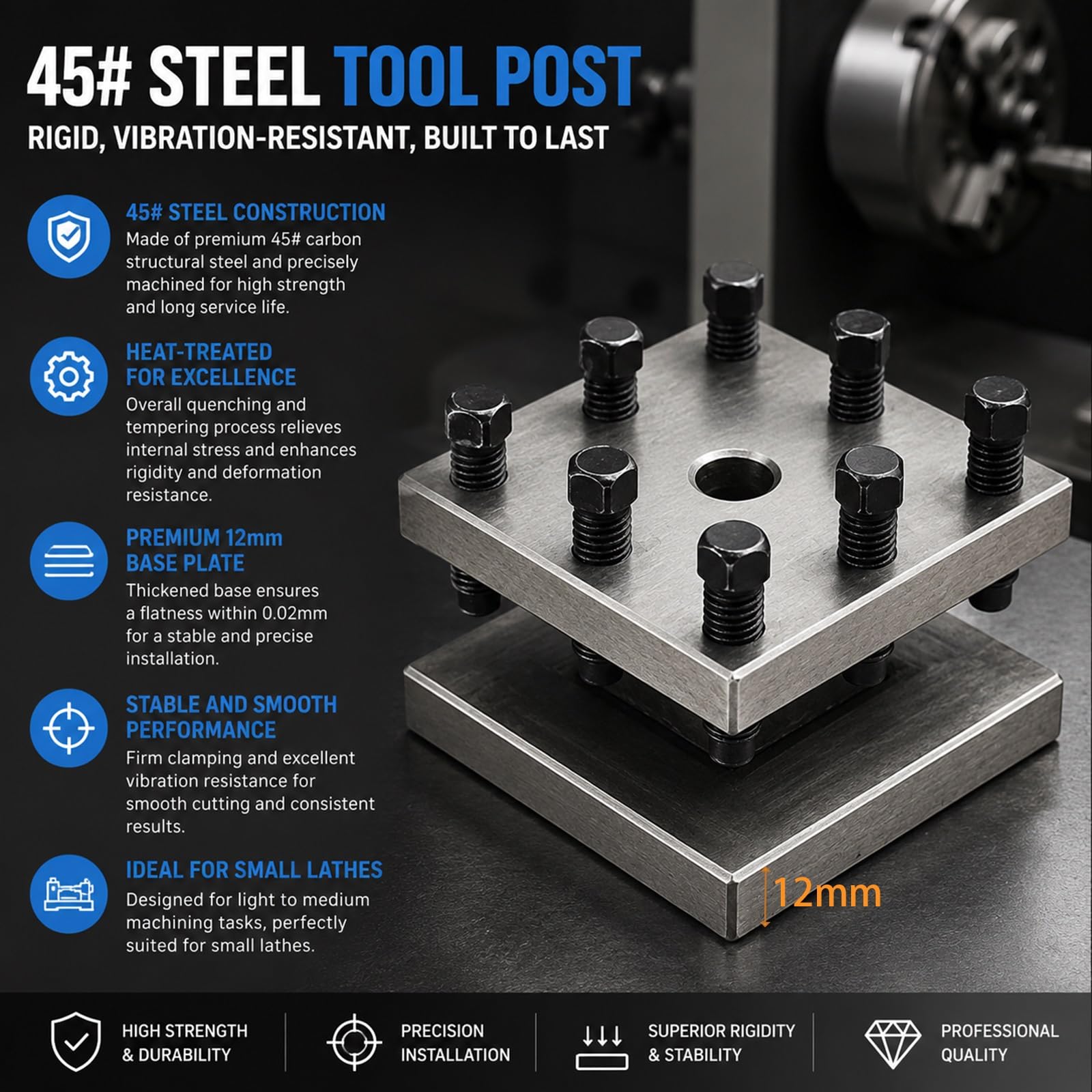 Palo portautensili per mini tornio, portautensili a 4 stazioni, altezza scanalatura 2,2 cm, planarità 0,02 mm per torni da banco, ideale per hobbisti fai da te e lavorazione di piccole parti