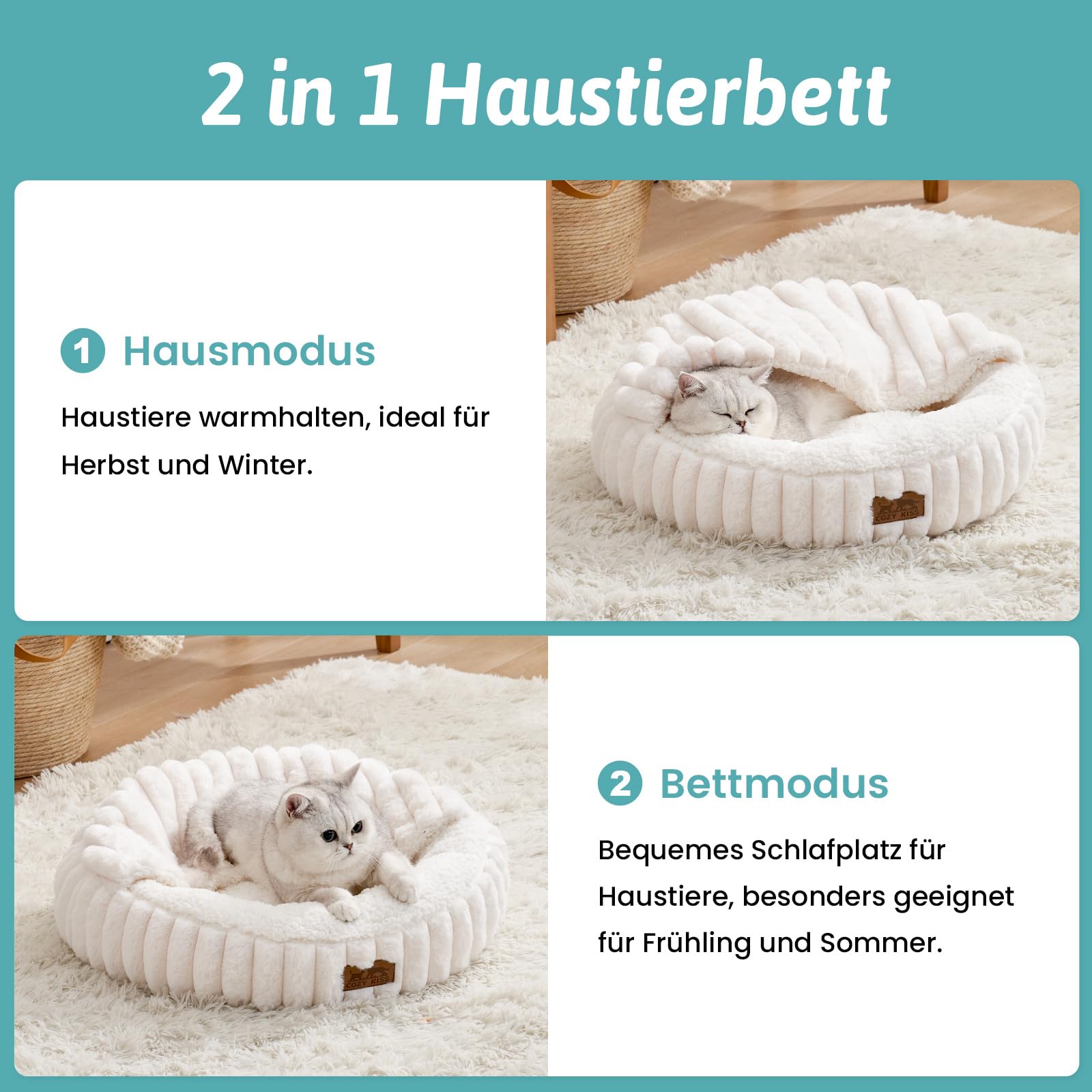 COZY KISS Katzenbett mit Decke 50x50x15cm - Flauschige Kleine Katzenhöhle - Kissen, Runde kleine Hundebett mit Rutschfester Unterseite, Katzensofa mit Kopfstütze aus Kunstfell, Waschbares, Creme
