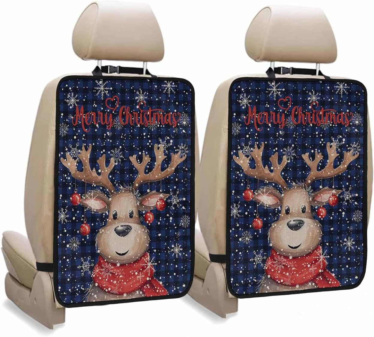 Car Seat Protector, 2 Pack Kick Mats Back Seat Protector Merry Christmas Elk Winter Snowflakes Blue Black Buffalo Plaid Waterproof Backseat Cover for Kids Universal Fit Automotive Interior Protectors