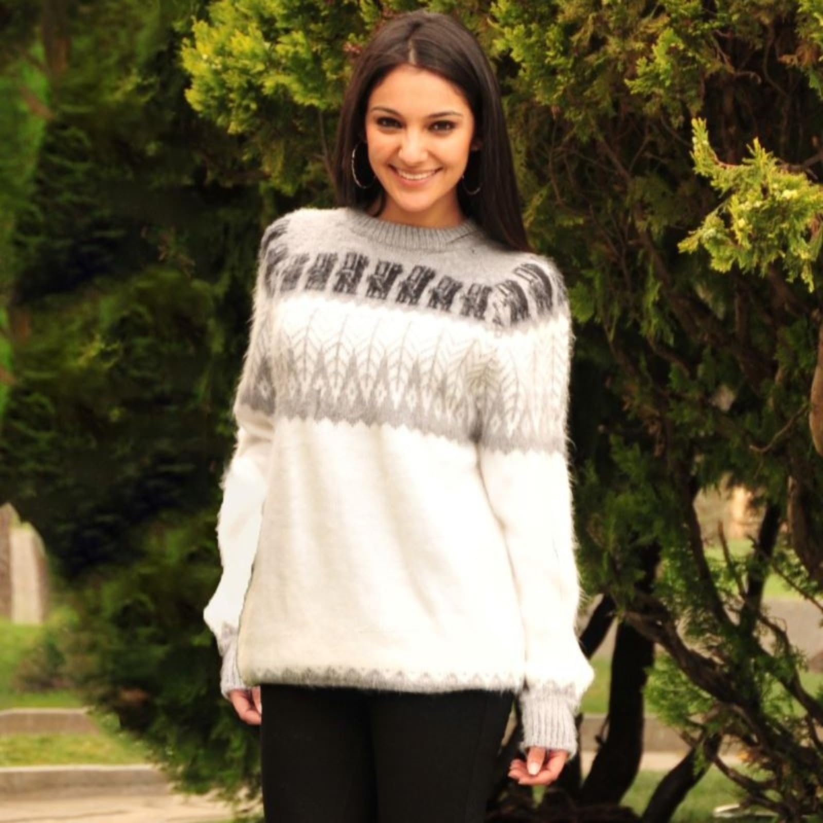 Gamboa Alpaka Wolle Pullover Damen Wollpullover Norweger Winter Elegant Weiß Größe XL