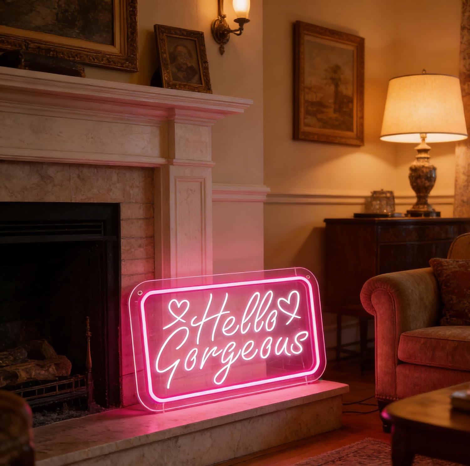 Hello Gorgeous Neon Sign for Wall Decor Pink Heart Light Up Letters Led Sign Birthday Party Signs Led Decorative Night Signs Room Decorations Christmas Party Gifts for Girls Friends Home
