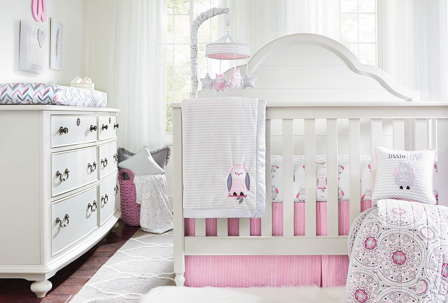 Wendy Bellissimo Pink and White Crib Skirt/Dust Ruffle, Extra Long, Baby Bedding, Hudson Collection