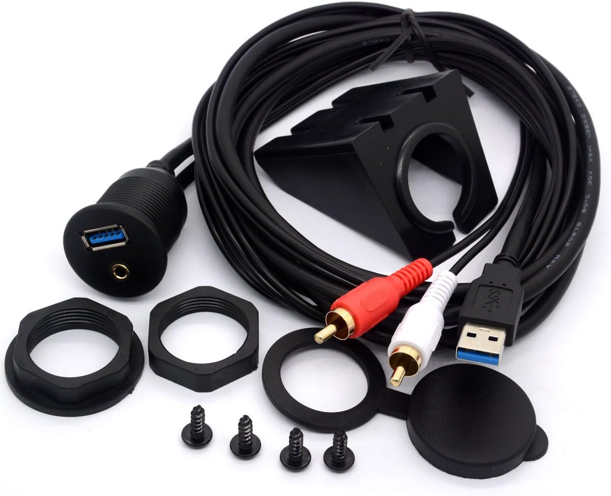 USB RCA Flush Mount Cable- USB 3.0 & 3.5mm AUX 2 RCA Male to USB and 1/8 Audio Stereo Female Dash Panel Mount Extension Code for Car Bike Boat Motor (2M USB 3.0 2RCA to USB & 3.5mm)