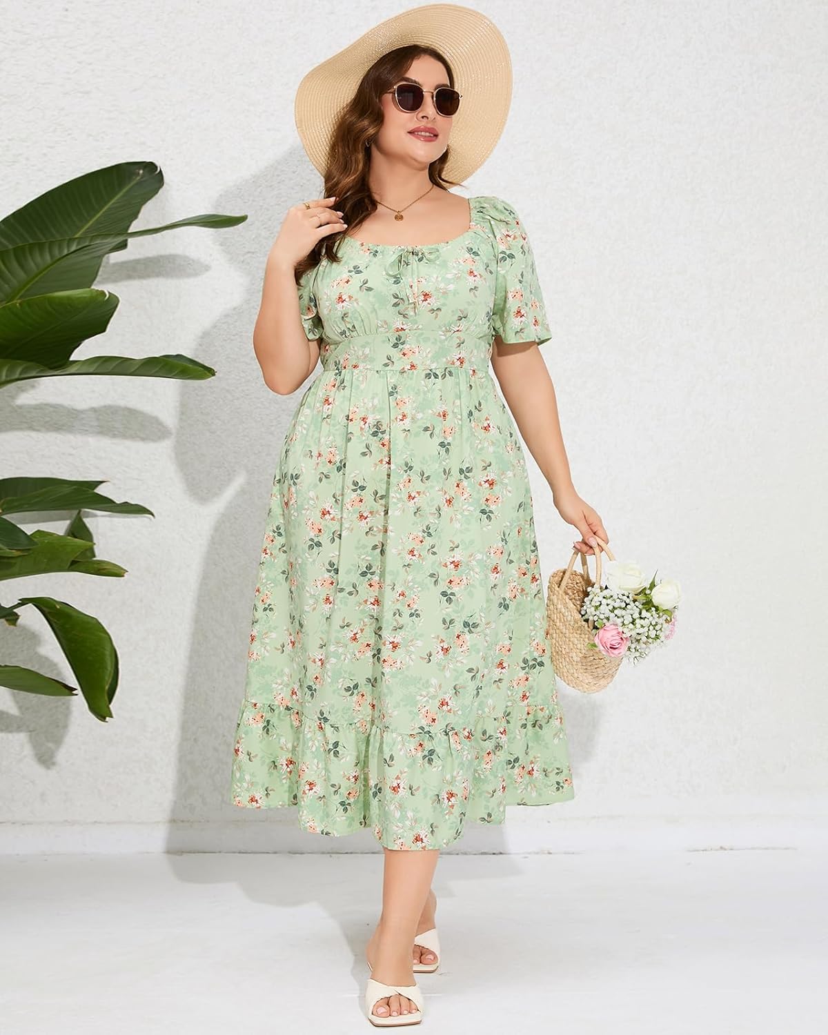 ShopWonder Womens Plus Size Square Neck Floral Print Summer Dress Ruffle Short Sleeve Tie Front Slit Hem Boho Maxi Dress - Image 3