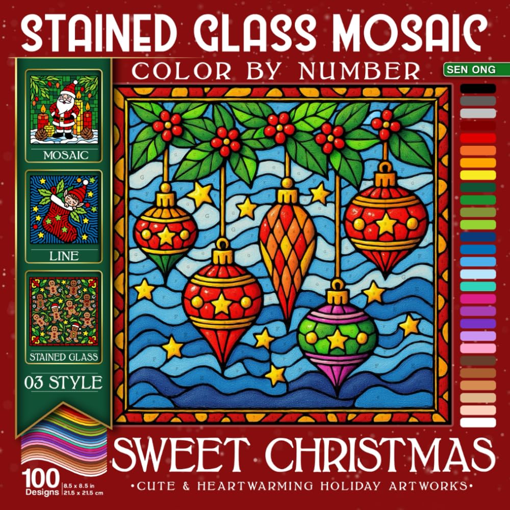 Sweet Christmas Stained Glass Mosaic Color By Number: 100 Cute & Heartwarming Holiday Artworks