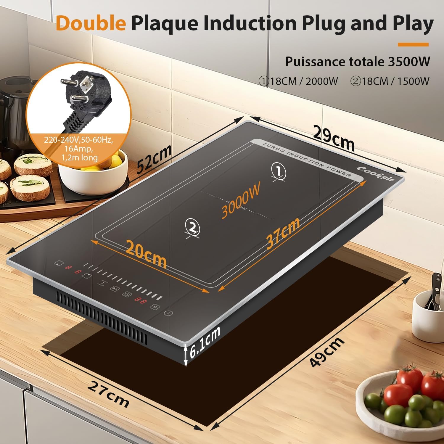 Plaque à Induction 2 Feux avec Prise, Plaque de Cuisson Encastrable 30CM avec Cadre Métallique, 3500W, Zone Combinée pour Barbecue, Curseur Tactile, Verrouillage de Sécurité, Minuterie, 220V - 2