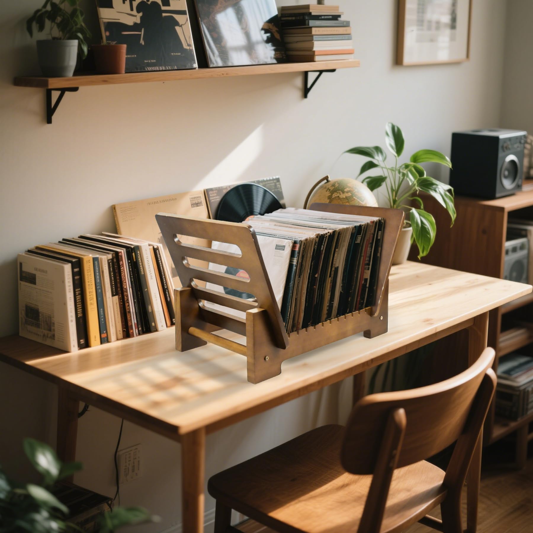 Porta dischi in vinile in legno di noce, 30-50 LP, montaggio rapido, organizer in stile retrò, per riviste, libri, cartelle, album
