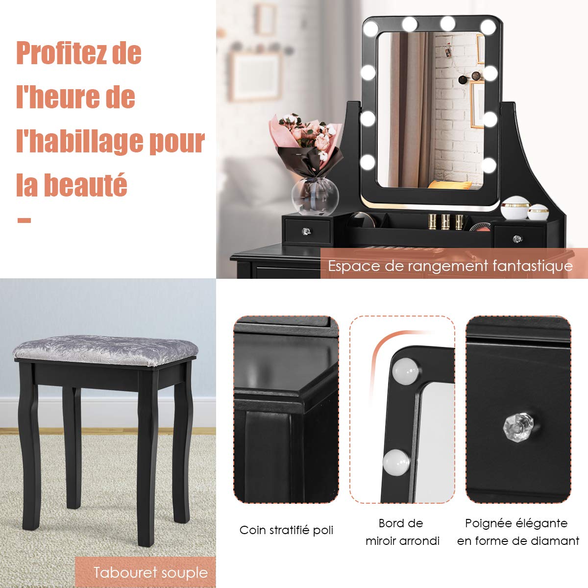 Coiffeuse Avec Miroir LED 10 Ampoules - 5 Tiroirs, Tabouret - Blanc - COSTWAY