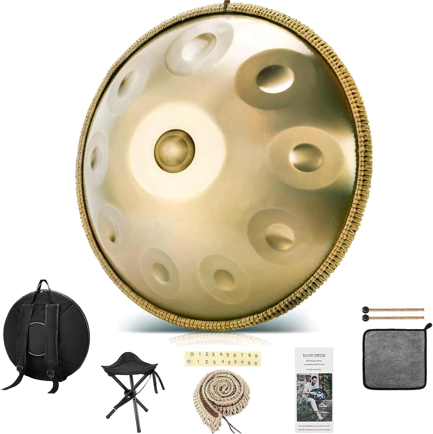 22 Inches Handpan Drum, 440Hz 10 Notes D Minor Kurd Hand Pan Drum, Professional Concert Sound Handpan Drums for Adults Complete Kit Includes Bag Stand Sticks (10 Notes, 440Hz)