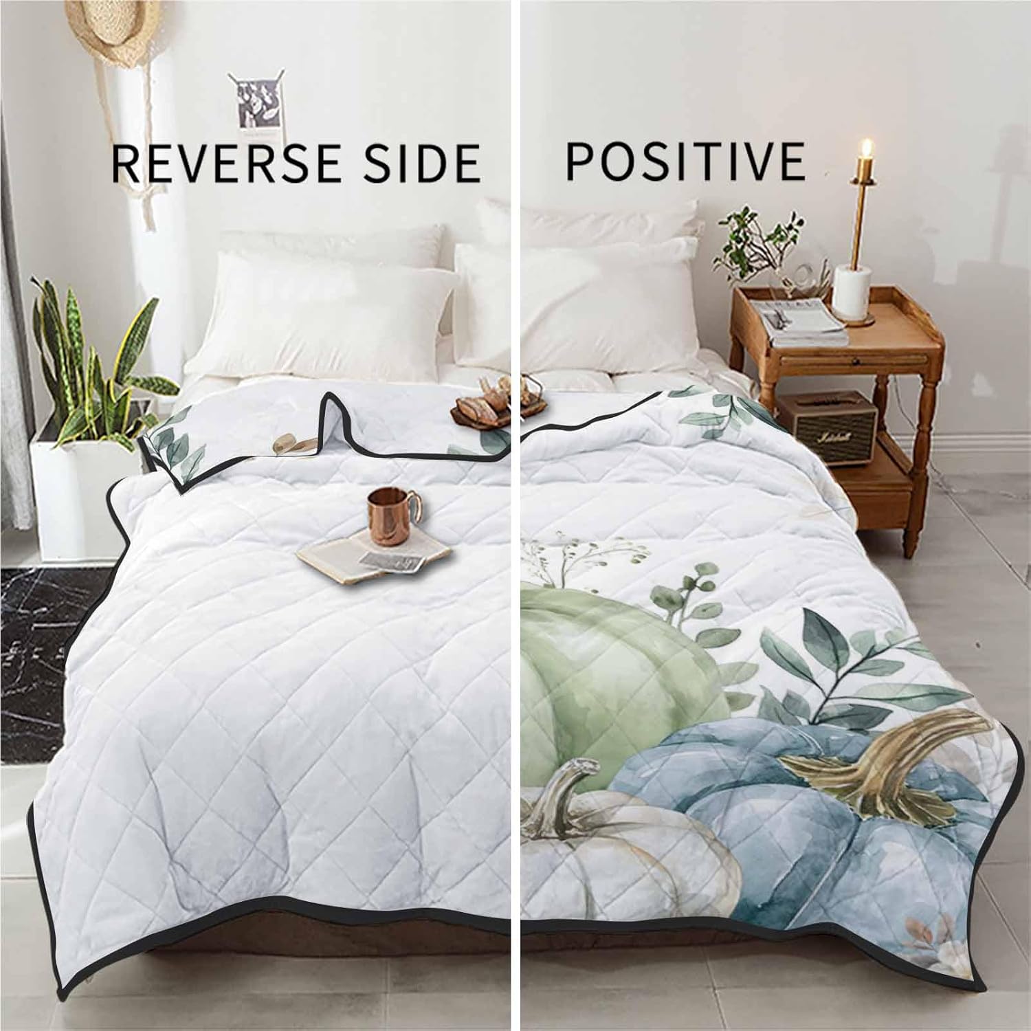 T&H XHome Quilt Full Size Luxury Quilted Comforter Bedspread-Thin Soft Cozy, Eucalyptus Leaf Thanksgiving Fall Pumpkin Patch Reversible Stitched Lightweight Quilt Coverlet for All Season