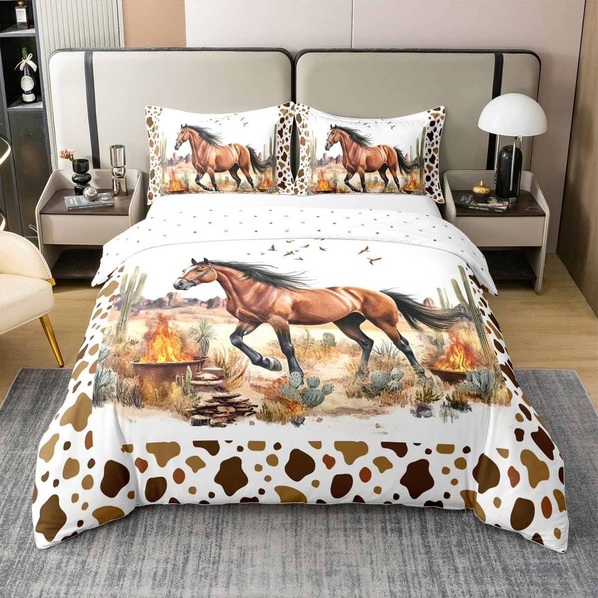 Homewish Pferd 100% Baumwolle Bettbezug,Bauernhaus Tier Bettwäsche Set 135x200 für Kinder Teenager Erwachsene,Kuh Muster Tröster Abdeckung,Vintage Patchwork Bett Set mit 1 Kissenbezug Zimmer Dekor