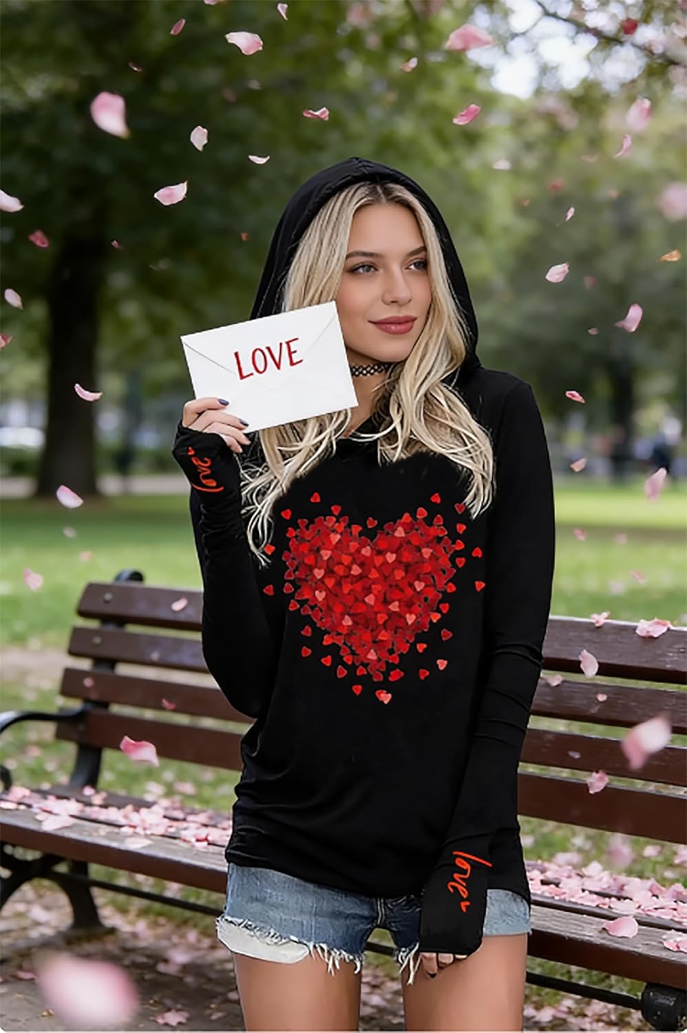 BOMYTAO Valentine's Hoodie for Women Love Heart Graphic Print Buffalo Plaid Long Sleeve T-Shirt Valentine Holiday Pullover - Image 4