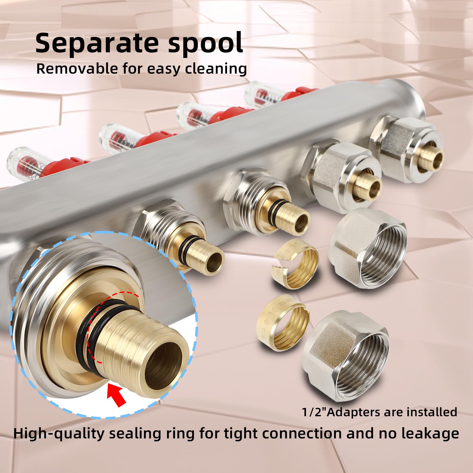 FAHKNS Colector de calefacción radiante, colector Pex de 2 bucles, adaptadores de 1,27 cm para calefacción de suelo radiante hidrónico, juego de colector Pex de calor radiante de acero inoxidable