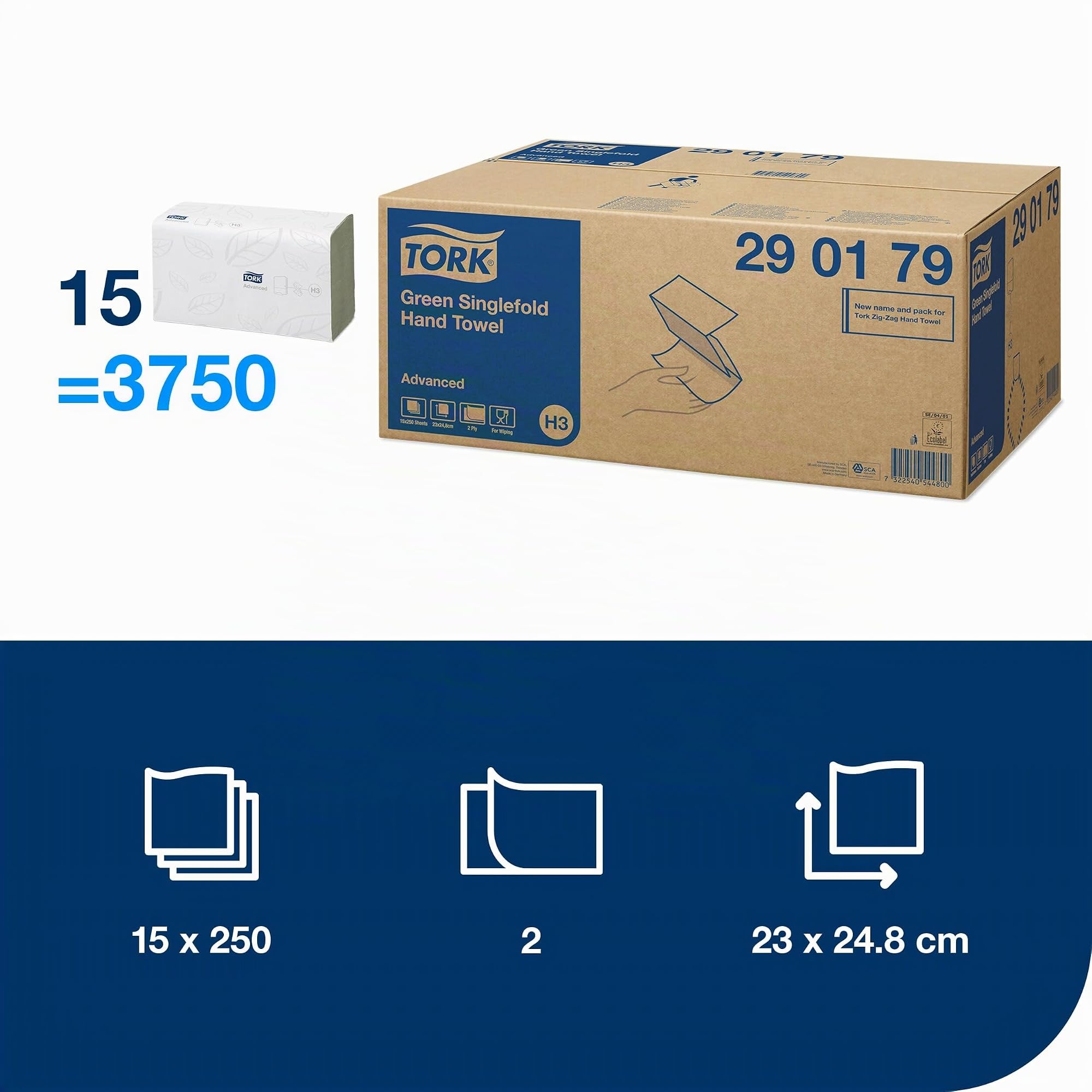 Tork Toallas de Manos Plegadas Verdes H3, Avanzadas, Dispensación Única, 15 x 250 Hojas, 290179