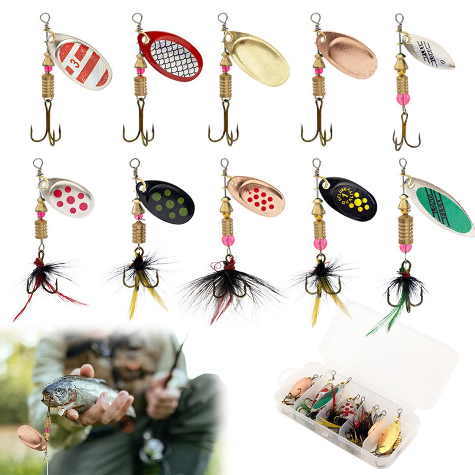 Fishing Spinners 10Pcs Set - Multi Colored Metal Fishing Lures with Rotating Blades & Treble Hooks for Trout Salmon Bass, Ultra Casting 3-7g Spinner Baits in Box
