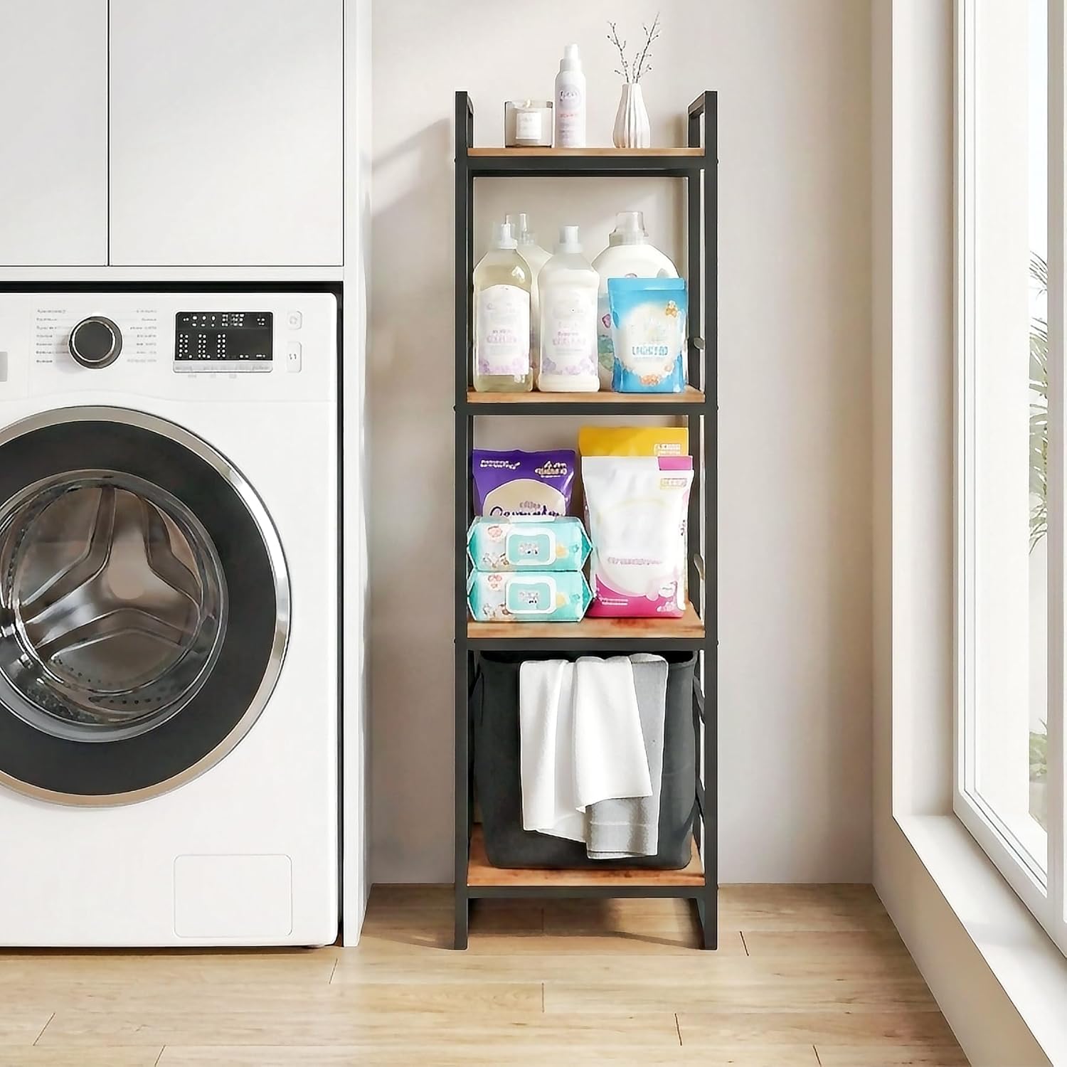 BYFU 4 Tier Bathroom Storage Open Shelf, Freestanding Metal Corner Storage Rack Shelving Unit for Bathroom Kitchen Living Room Hallway, Rustic Brown
