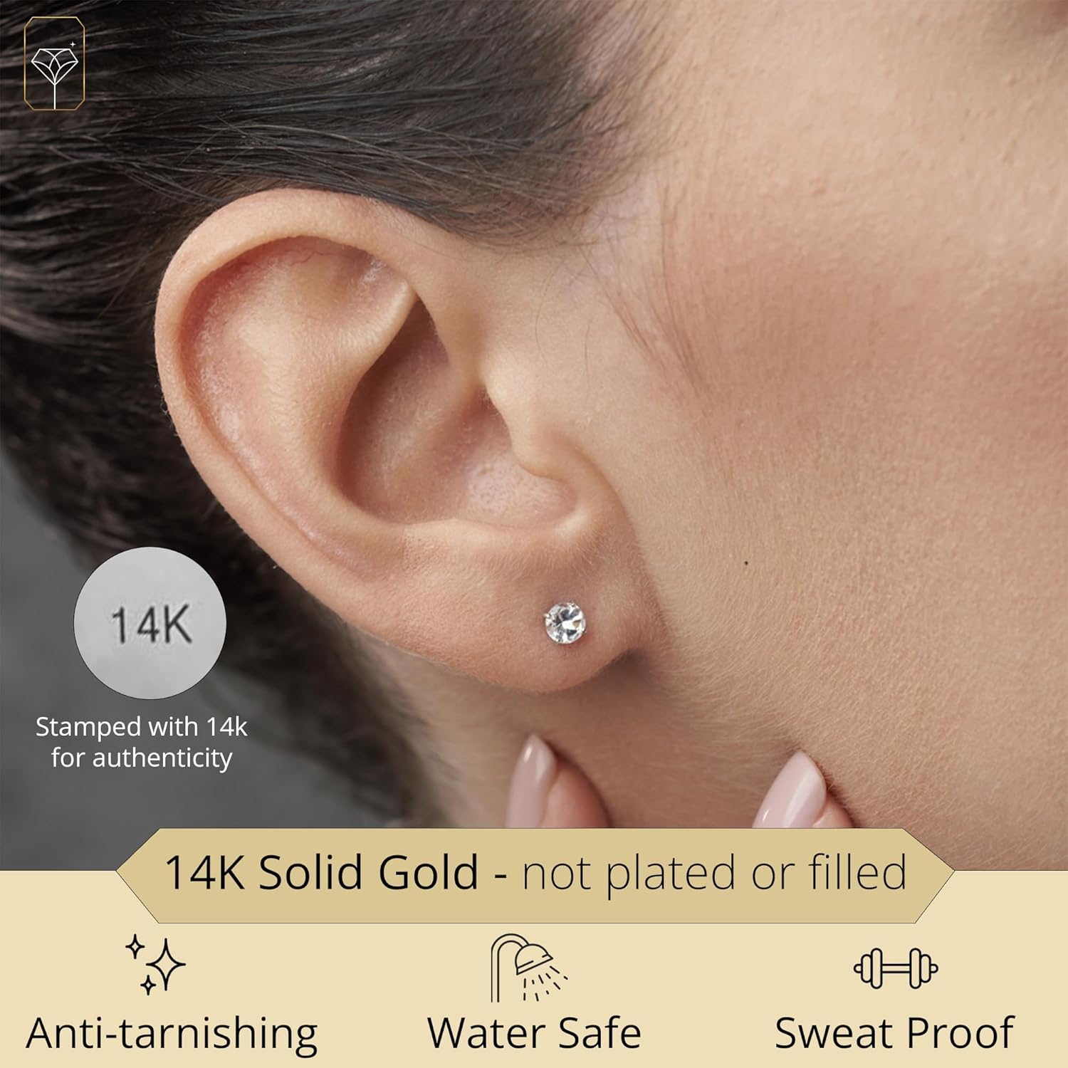 MAX + STONE 14k Gold Round Stud Earrings - Real Gold 4mm Birthstone Earrings for Women