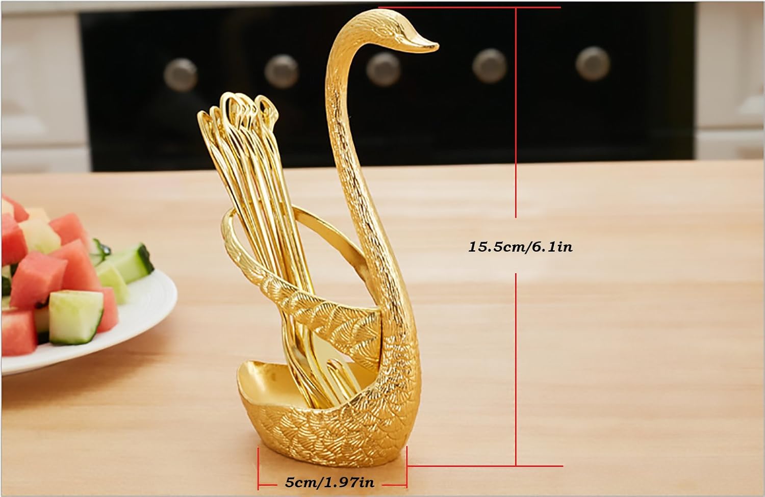 Dinnerware Set & Fruit Fork Set & Dessert Flatware Set, CRIVERS Decorative Swan Base Holder with 3 Forks and 3 Spoons (Set of 2) (Gold)