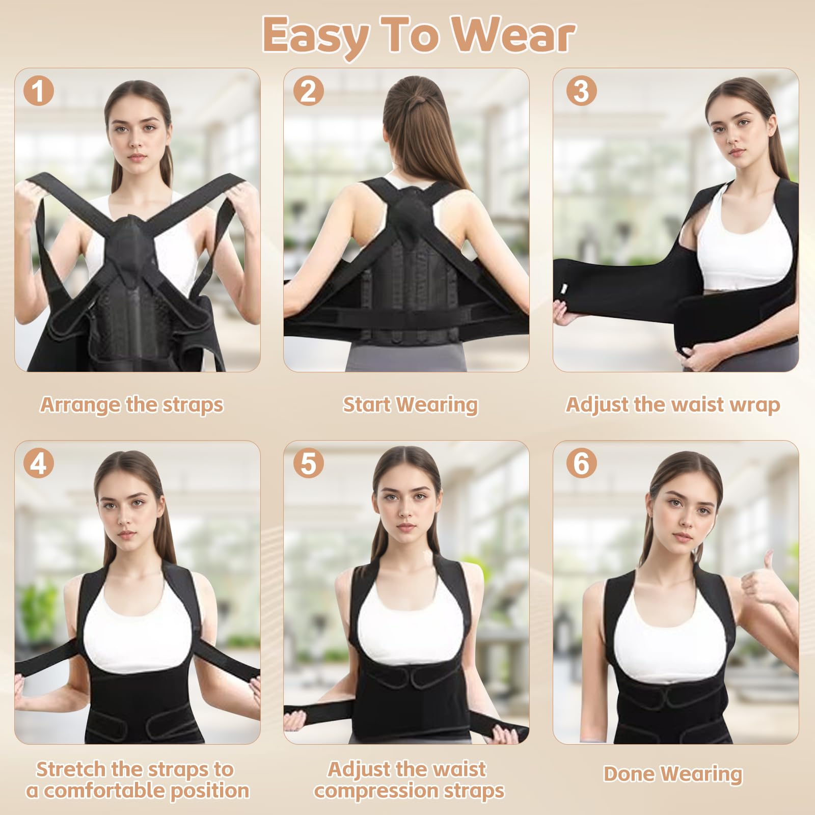 Rücken Geradehalter, Schultergurt Haltungskorrektur Damen und Herren, Atmungsaktiv und Verstellbar Rückenstütze die Taille, für lange Büroarbeit, Studium und Sport (Beige, M)