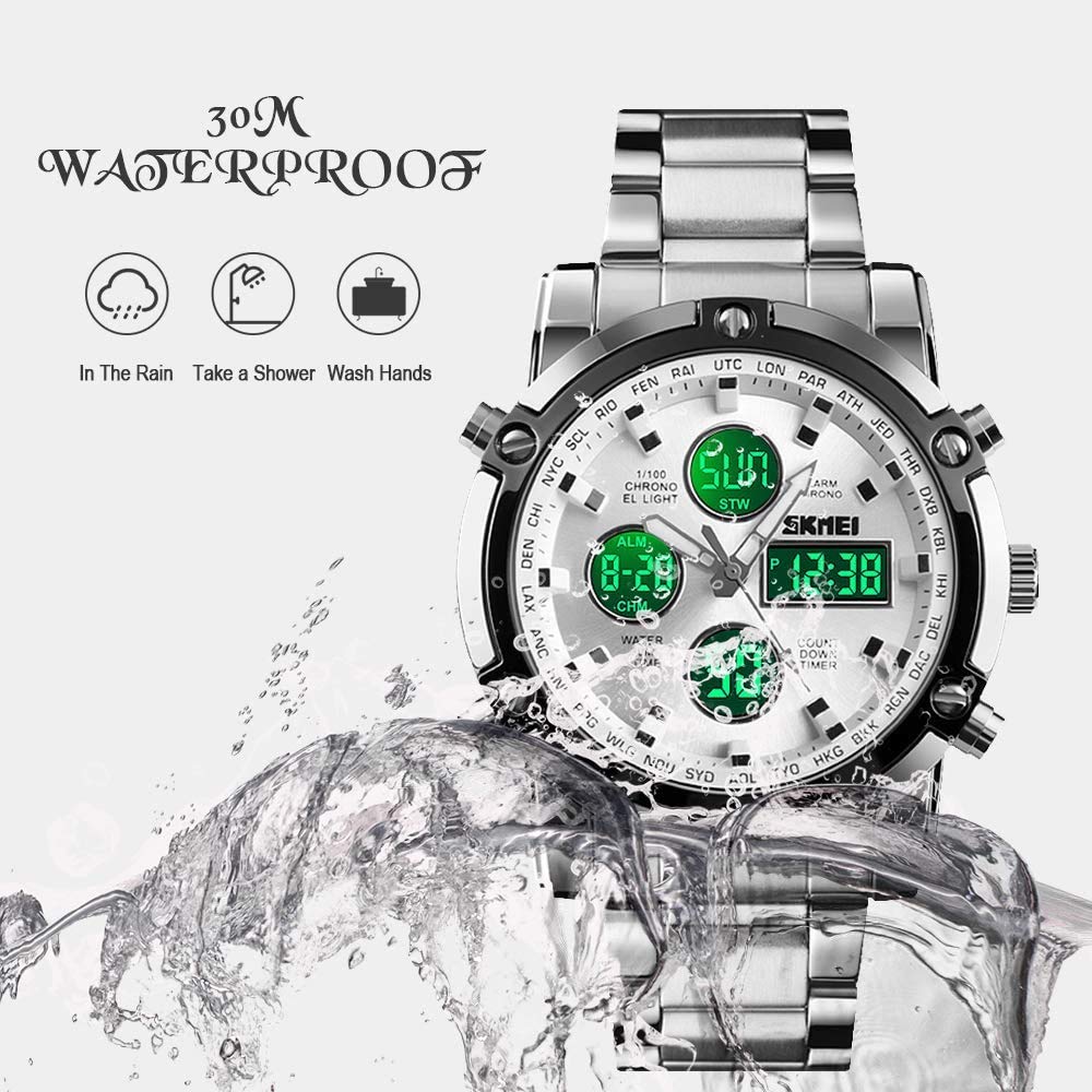 MASTOP Reloj de pulsera analógico digital de acero inoxidable de lujo, resistente al agua hasta 50 m, doble pantalla, doble hora, cuarzo, multifuncional, con cronómetro, alarma, retroiluminación LED