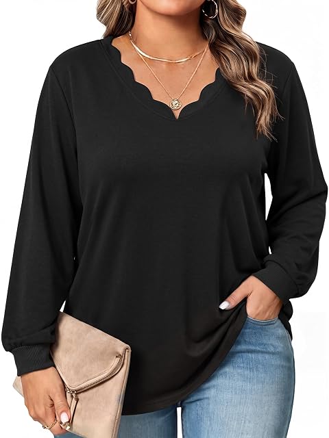 HDLTE HDLTE Plus Size Long Sleeve Shirts for Women Casual V Neck Tops Black