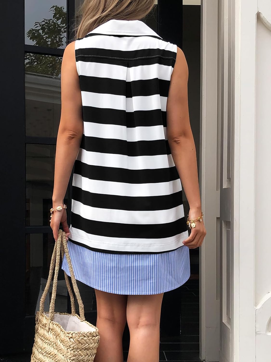 Women Summer Tunic Dress V Neck Sleeveless Striped Casual Sundress Loose Flowy Swing Shift Dress with Pockets - Image 3