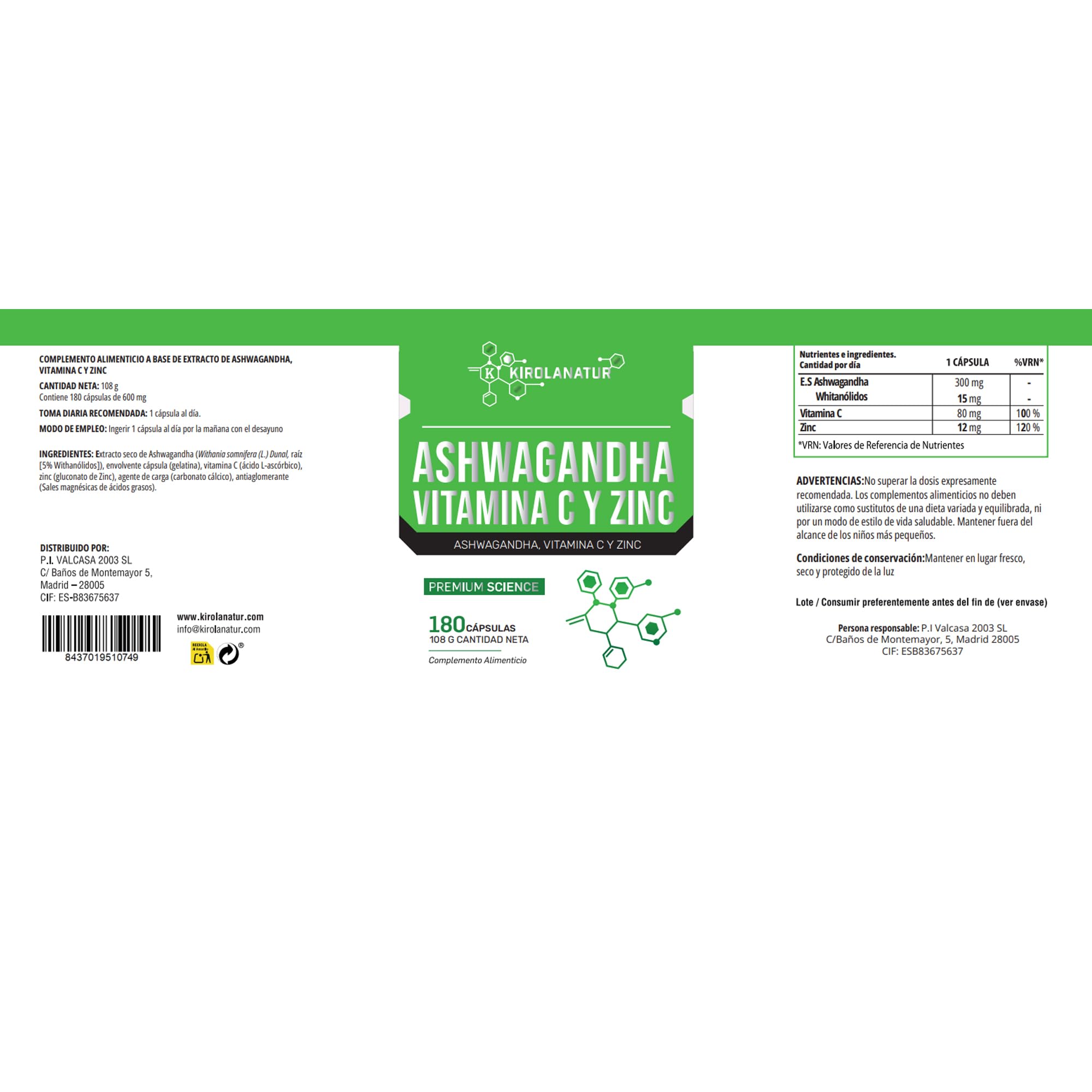Ashwagandha con Vitamina C y Zinc - Antiestrés Natural, Energía y Equilibrio Emocional - Sueño Reparador y Refuerzo del Sistema Inmunitario - 180 Cápsulas Sin Gluten | KIROLANATUR