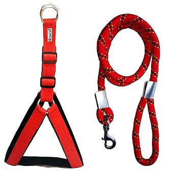 Petshop7 Nylon Padded Red Adjustable Dog Harness & Dog Leash Rope 1.25 Inch for Large Pet (Chest Size : 30-35)