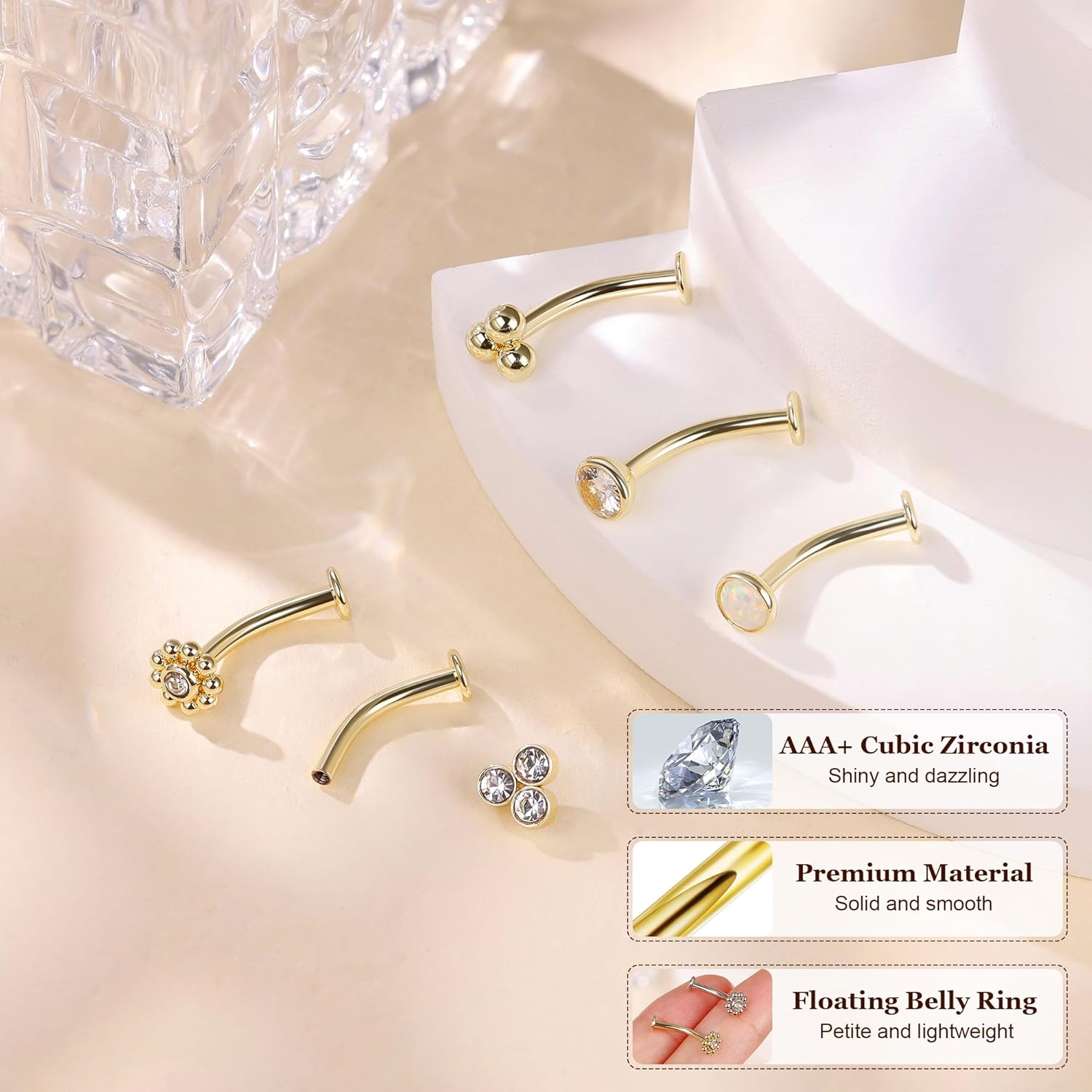 14G 5Pcs Surgical Steel Floating Belly Ring for Women Flat Back Petite Belly Button Ring Convex Base CZ Navel Ring Internally Threaded Curved Barbell Belly Piercing Jewelry 8/10/12/14mm - Image 3