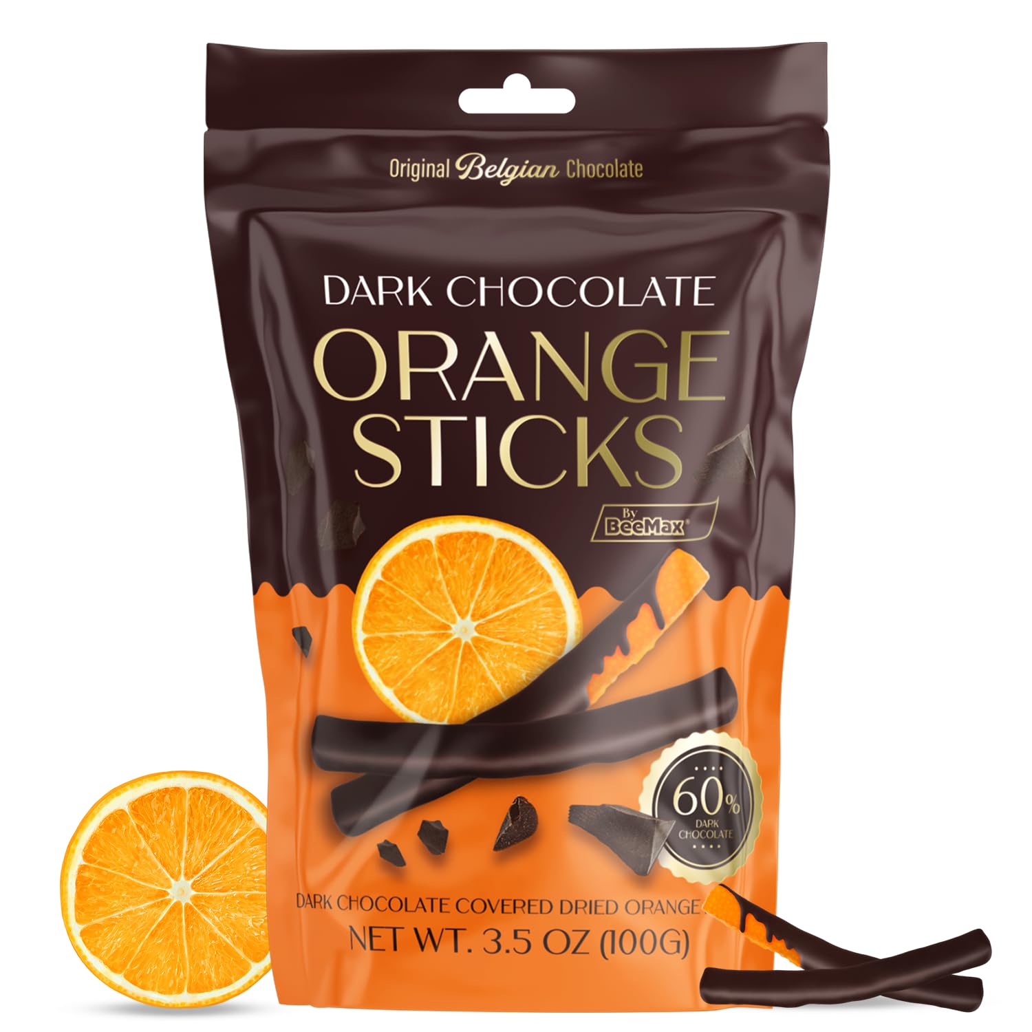 Belgian Chocolate Covered Fruit Sticks - Gourmet Covered Dried Fruit, 3.5 oz Resealable Pouch, Non-GMO, Perfect Treat for Chocolate Lovers (Dark Chocolate, Orange)