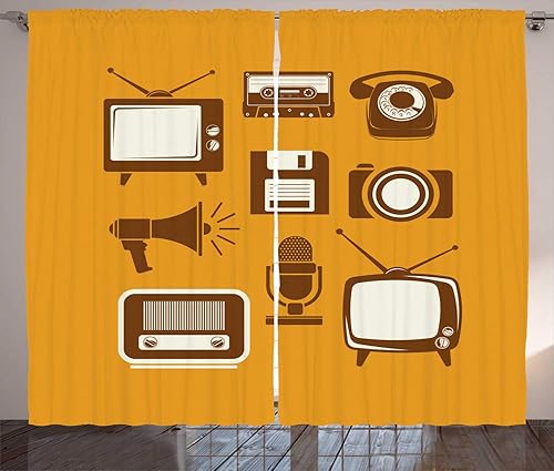 Ambesonne TV Show Curtains, Retro Electronic Media Megaphone Radio Telephone Cassette, Living Room Bedroom Window Drapes 2 Panel Set, 108" X 90",