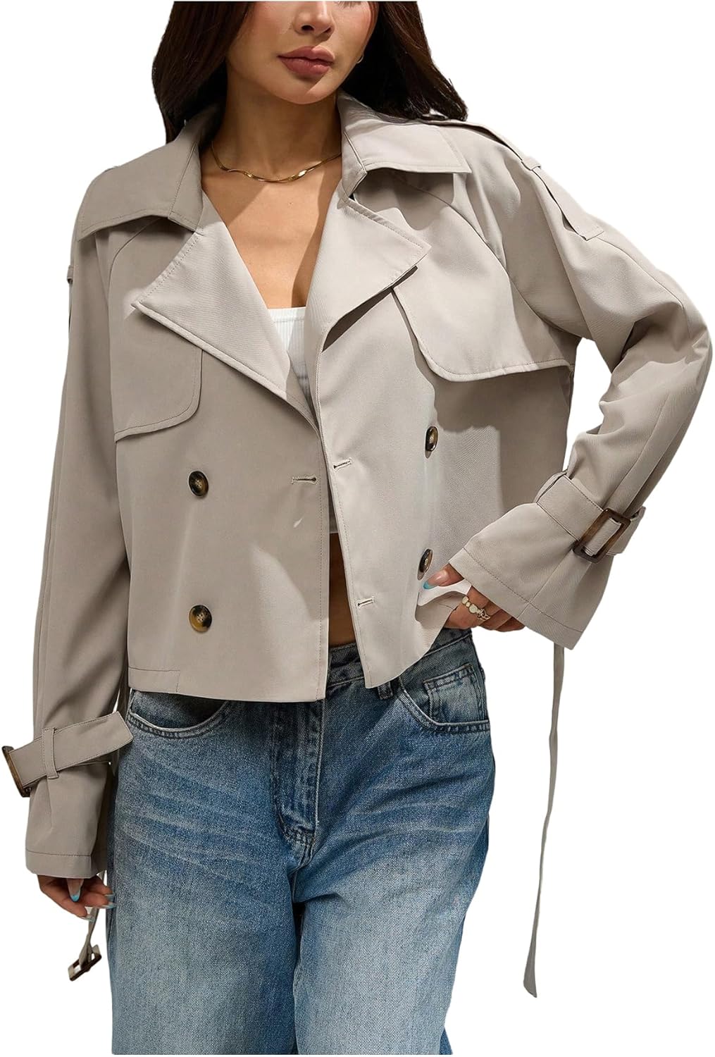 SOLY HUX Women's Double Breasted Short Trench Coat Belted Long Sleeve Lapel Collar Loose Jacket Outerwear