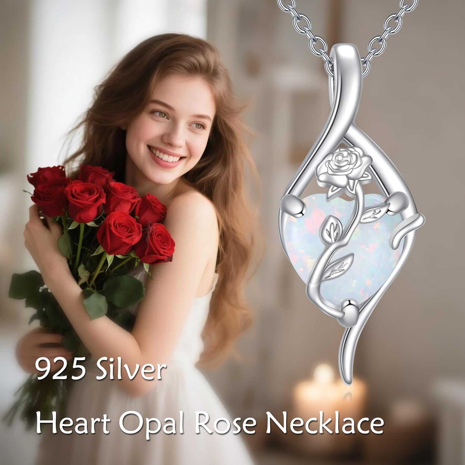 Mother's Day Gifts for Mom Opal Necklace 925 Sterling Silver Rose Flower Heart Pendant Necklace Fine Jewelry Birthday Gifts for Women