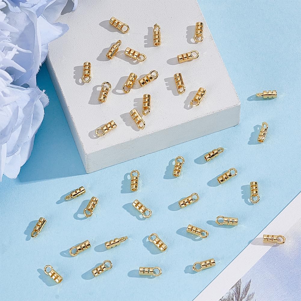 100Pcs Golden Cord End Caps Real 18K Gold Plated Brass Leather Cord End Caps Jewelry Making End Tips Bail End Connectors with Loop for DIY Crafts Bracelets Necklace Jewelery Making
