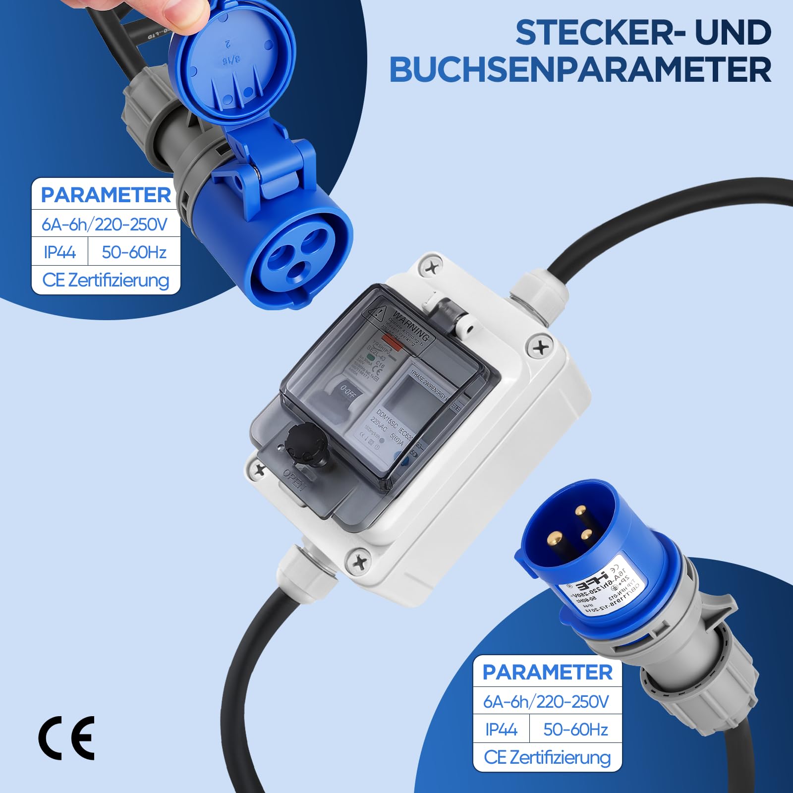 Medidor de Electricidad móvil Digital de 60A 230V con Enchufe CEE Schuko de 3 Clavijas, Medidor de Consumo de Energía Digital Resistente al Agua IP67, medidor de Corriente Digital móvil
