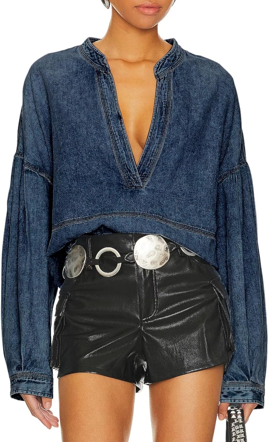 Women's Denim Pullover Deep V Neck Long Sleeve Raw Hem Loose Fit Casual Jean Tops