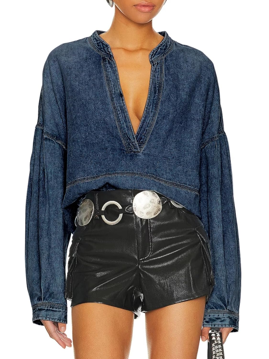 Womens Denim Pullover Deep V Neck Long Sleeve Raw Hem Loose Fit Casual Jean Tops