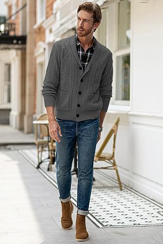 Miniatura 9 de JMIERR Suéter de punto trenzado con botones y manga larga de mezcla de lana para hombre