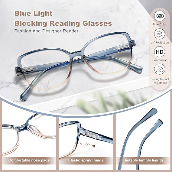 EYEGUARD Stylish Reading Glasses for Women Blue Light Blocking Readers with Spring Hinge Computer Eyeglasses