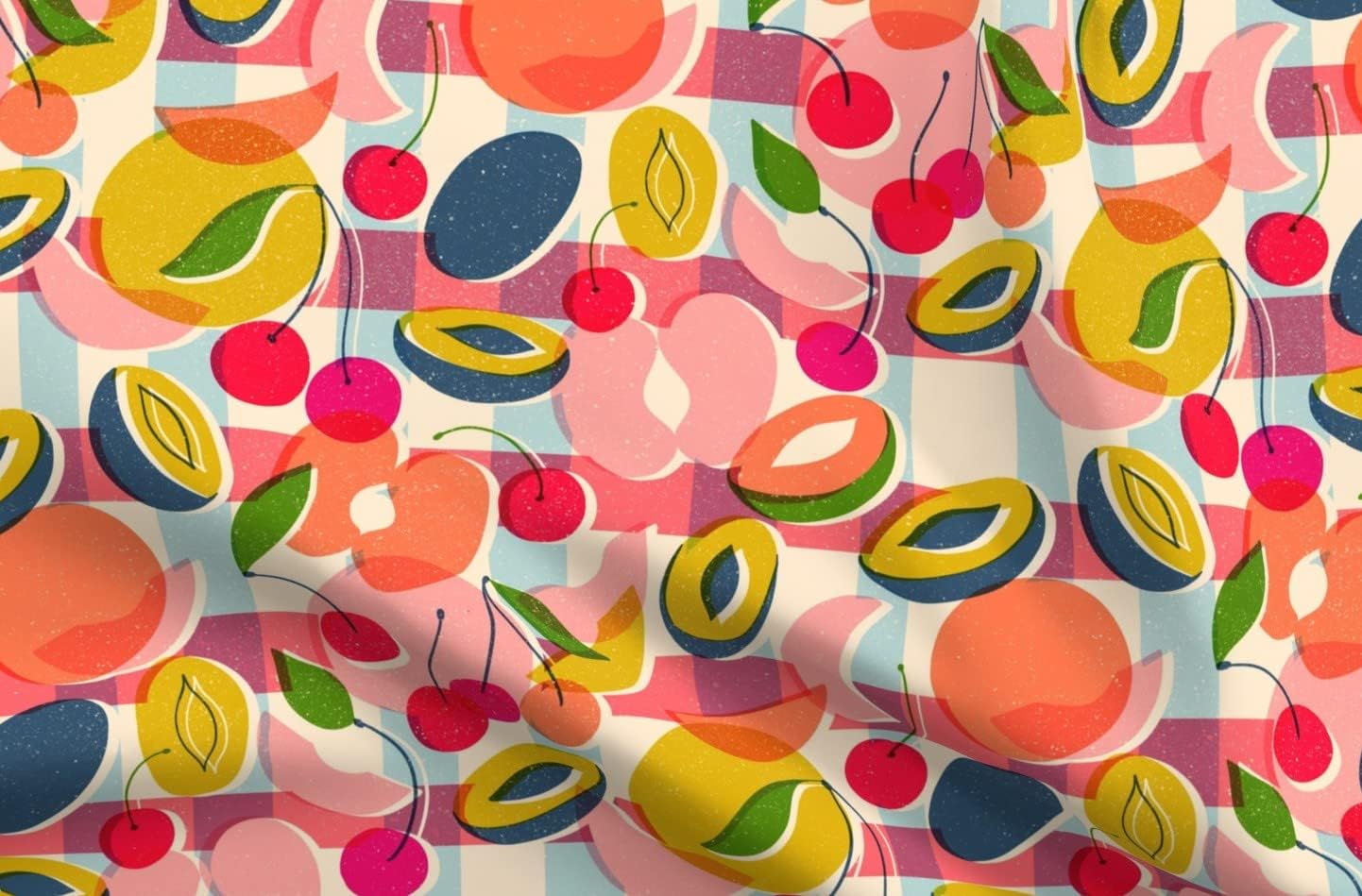 Spoonflower Fabric - Print Summer Fruits Bright Vintage Gingham Plum Fresh Food Kitchen Printed on Petal Signature Cotton Fabric Fat Quarter - Sewing Quilting Apparel Crafts Decor
