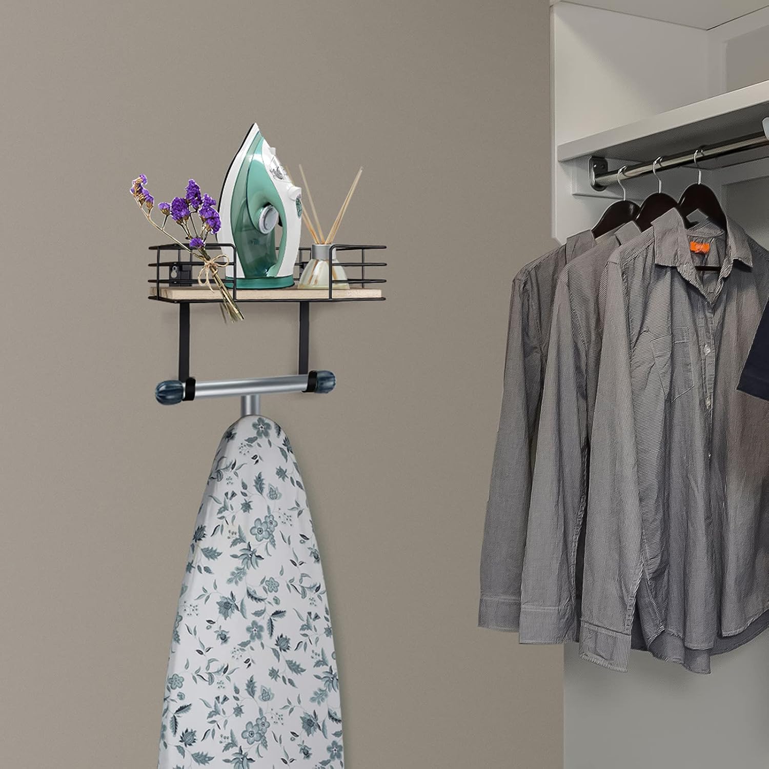 THYGIFTREE Ironing Board Hanger Metal Wall Mount Laundry Room Decor Iron and Ironing Board Holder, Laundry Room Organization and Storage with Large Storage Wooden Base Basket and Removable Hooks : Home & Kitchen