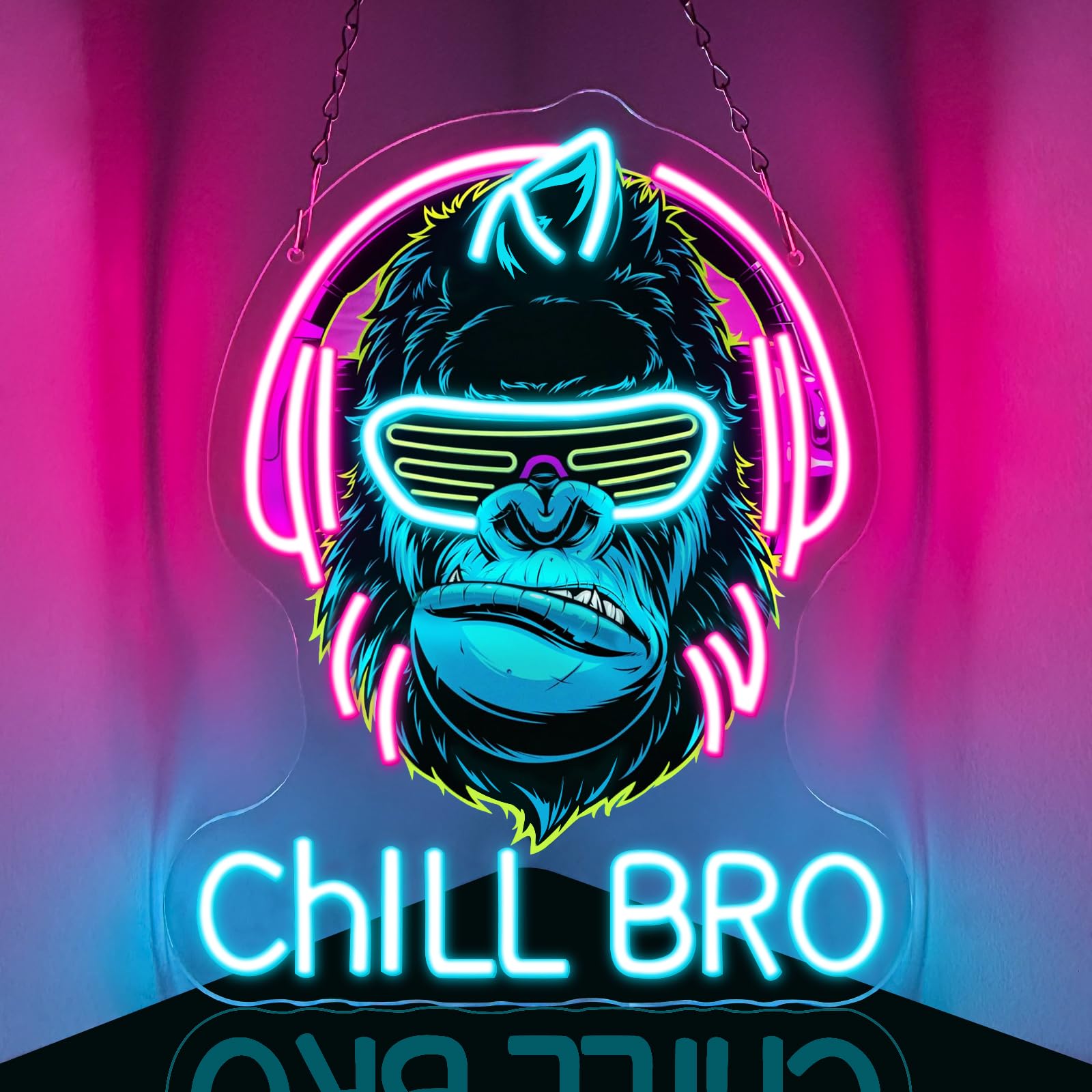 Chill Bro Gaming Headset Cartel de neón para decoración de pared, cartel de neón de gorila, carteles LED de zona de juegos para sala de juegos, decoración de accesorios de juegos, decoración