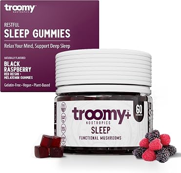 Troomy Sleep Gummies for Adults and Kids, Great Tasting Black Raspberry, Red Reishi Mushroom, Easy Restful Natural Sleep Aid, 60 Count