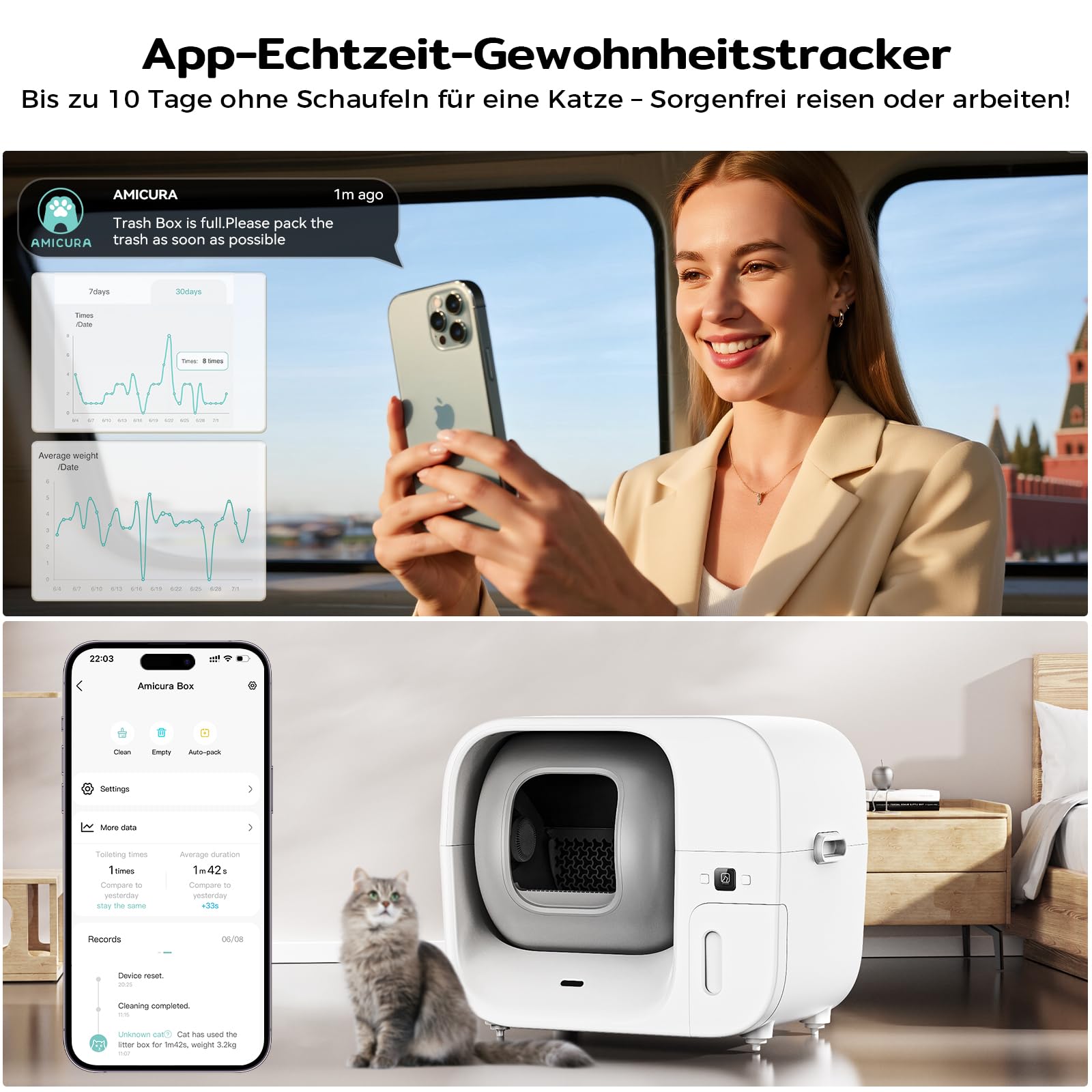 Amicura Cura 3 Selbstreinigende Katzentoilette, Automatisch Verpackt und Füllt Müllsäcke, TÜV-zertifizierte Sicherheit &7 Sensoren, Geruchskontrolle/App-Steuerung, Große Katzenklo Für Mehrere Katzen
