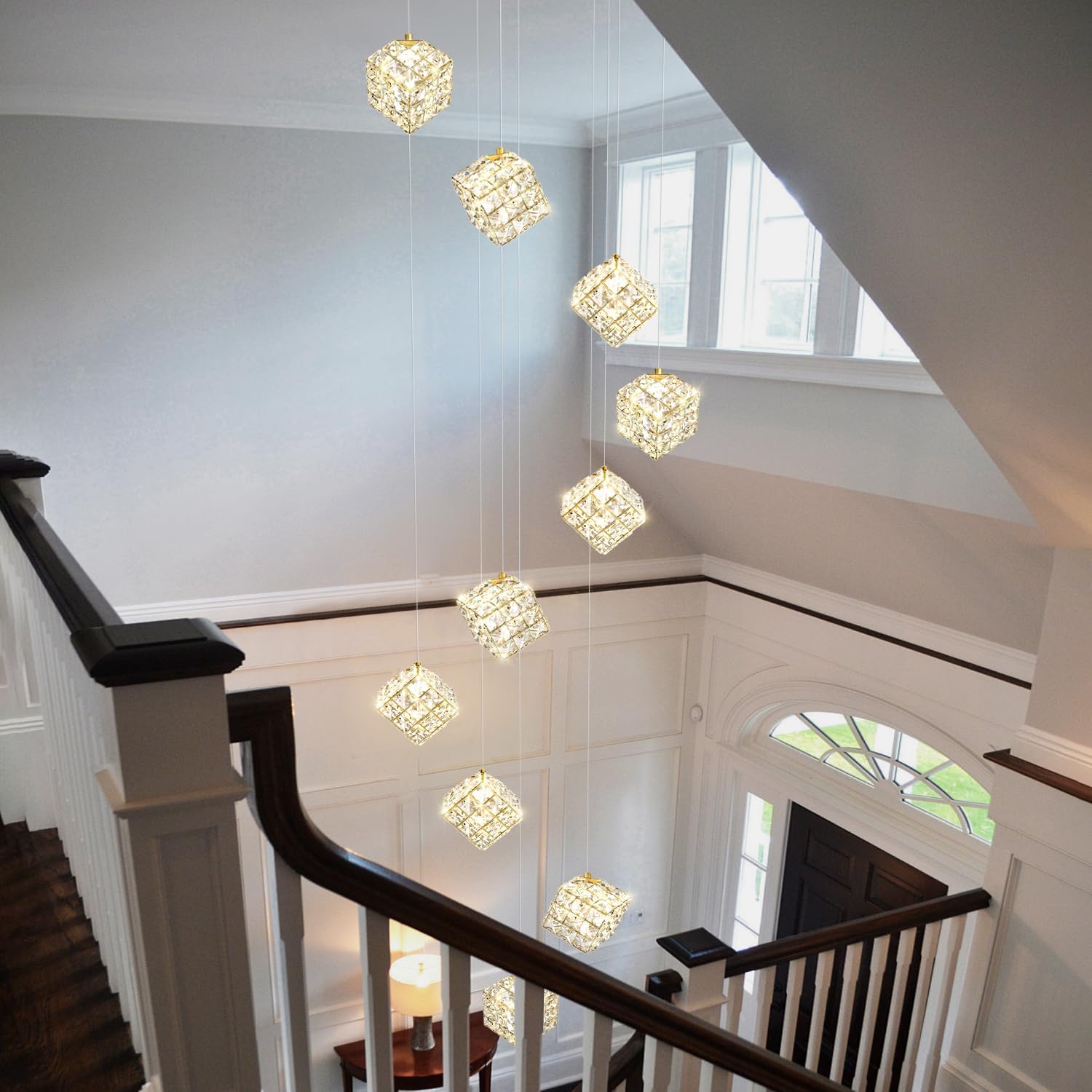 10-lights led staircase chandelier modern foyer crystal chandeliers large gold chandelier for high ceilings,crystal pendant light for living room stairwell dining room entryway gold 10-lights
