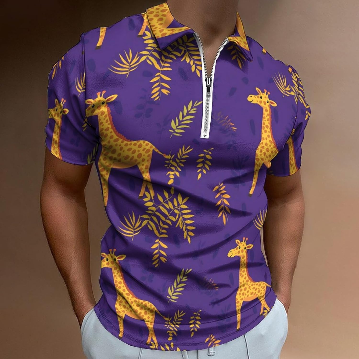 Cute Giraffe Tropical Leaves Polo Shirts for Men Dress Shirts Short Sleeve Golf Shirt Casual T-Shirts Top